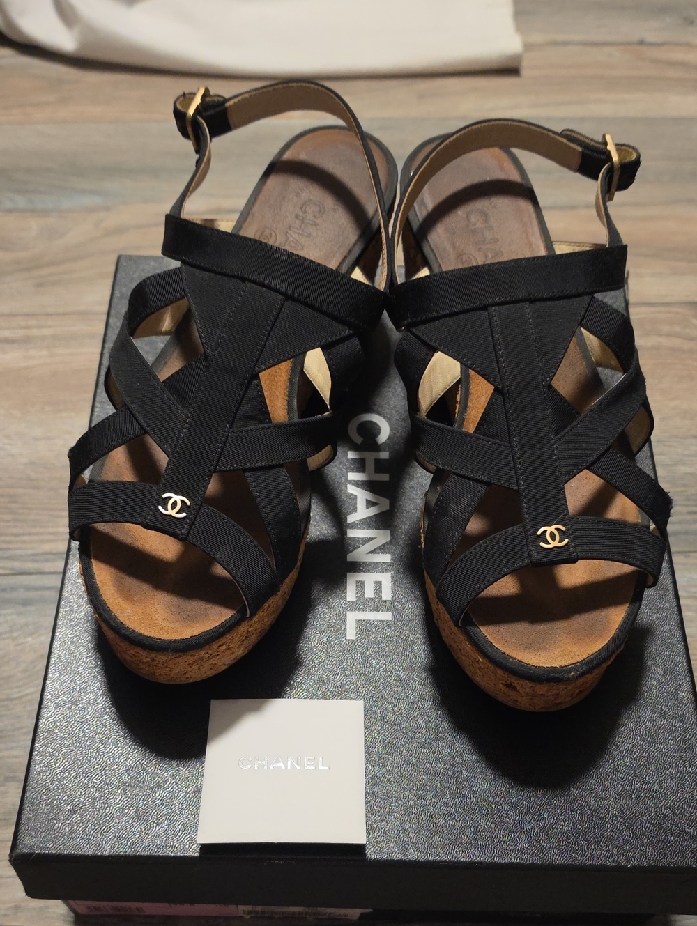 CHANEL Black Strappy Cork Wedge Sandals with Gold CC Accent
